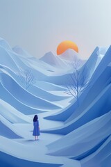 Wall Mural - A woman in a blue dress standing on top of snow covered mountains, AI