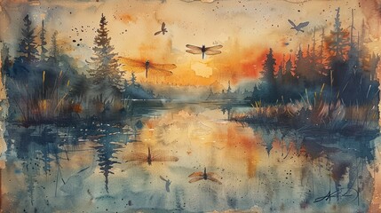 Wall Mural - Create a watercolor landscape with a pond and dragonflies, show classic watercolor painting, 