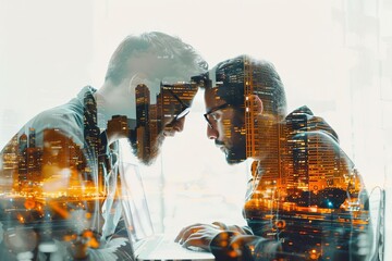 Two men working together, their faces superimposed with a cityscape.