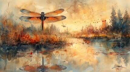 Wall Mural - Create a watercolor landscape with a pond and dragonflies, show classic watercolor painting, 