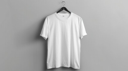blank white tshirt mockup template on hanger front view against gray background product photo