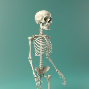 Human skeleton model posing on a blue background. Human bone model standing for medical education with anatomy organ. Anatomical and medical education. Skeletal system or human body parts. AIG35.