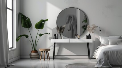 Minimalist black and white bedroom with a large mirror, elegant dressing table, green plant, and wooden stool.