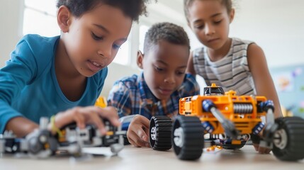 children collaborating on robot programming engaging stem education concept