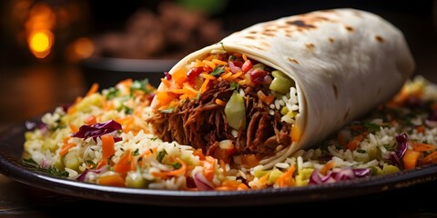 Poster - A Plate Overflowing with a Meat and Vegetable Burrito. Concept Food Photography, Mexican Cuisine, Vegetarian Delight, Plating Inspiration, Burrito Bonanza