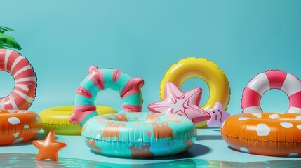 colorful inflatable pool water float toys swim rings in fun summer shapes 3d render for tropical vacation banner