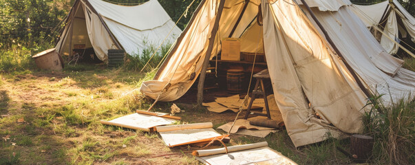 a 19th-century explorer's camp with canvas tents and maps.