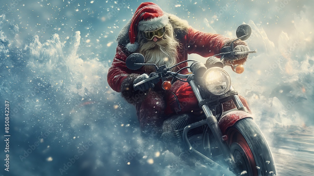 Santa Claus takes a wild ride on his motorcycle through a snowy storm ...