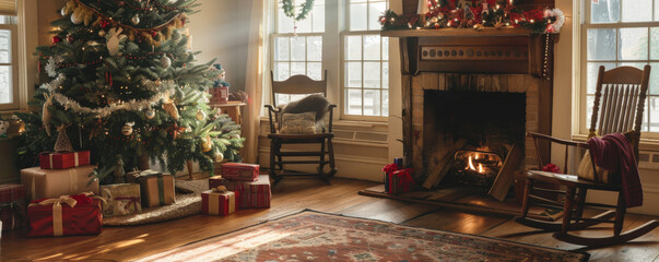 A cozy corner with a Christmas tree, presents, and a rocking chair by the fire.