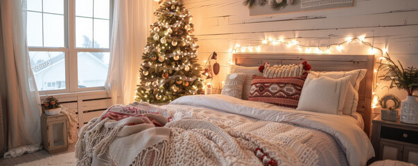 Wall Mural - A cozy holiday bedroom with a Christmas tree, twinkling fairy lights, and festive bedding.