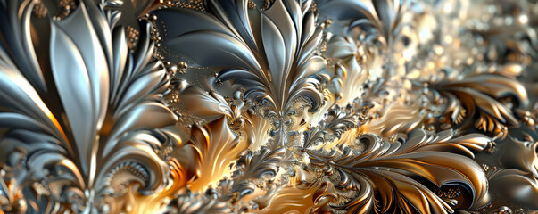 A fractal design with gold and silver metallic textures and sharp edges.