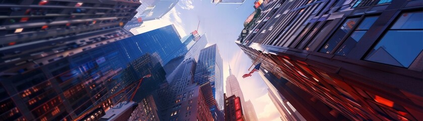 Poster - Stunning view of modern skyscrapers from street level, with reflections of sunlight and towering structures in an urban environment.