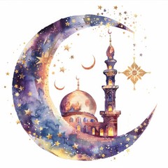 Islamic Crescent and Mosque. Traditional Watercolor Illustration for Ramadan Celebration