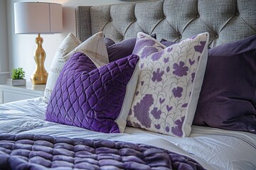 Wall Mural - Relaxing bedroom detail of purple and white pillows on bed with gray headboard and decorative gold side lamp