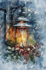 Wall Mural - Rustic Christmas Lantern with Winter Bouquet Watercolor Illustration