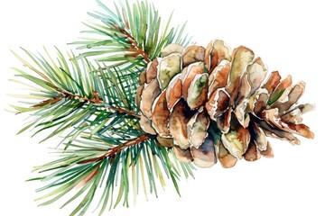 Wall Mural - Snowy Pine Cone Decorations. Winter Holiday Watercolor Illustration of Spruce and Fir Cones