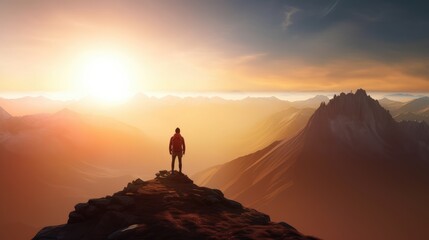 Wall Mural - Solitary Hiker at Sunrise on Mountain Peak