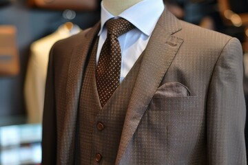 Closeup of a stylish brown suit, white shirt, and dotted tie displayed on a mannequin