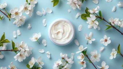 Wall Mural - Oxygenating Detox Cream with Cherry Flowers on Blue Background