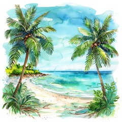 Wall Mural - Tropical Paradise Oasis. Watercolor Scene of Exotic Island with Lush Plant Life and Tranquil Beach