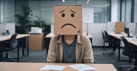 A person wearing a cardboard box with a sad face drawn on it, standing in an office environment with desks and computers visible in the background