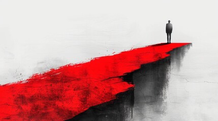 Wall Mural - A man standing on a red cliff with the ocean in front of him, AI