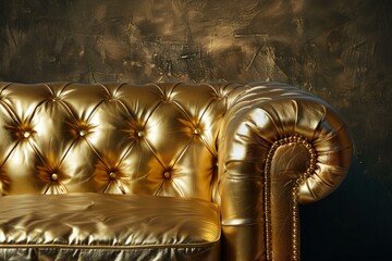 Elegant golden chesterfield sofa with classic deep button details against a dark textured wall