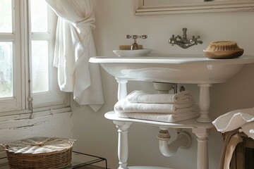 Sticker - Serene vintage bathroom featuring a classic pedestal sink, towels, and natural lighting from a window