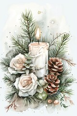 Wall Mural - Winter Wedding Celebration: Hand-Drawn Watercolor Bouquet with Christmas Candlelight