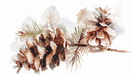 Wall Mural - Winter Wonderland: Hand-drawn Fir Cone Watercolor Illustration for Christmas and Holiday Decoration