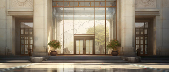 Sticker - Elegant Grand Building Entrance with Glass Doors