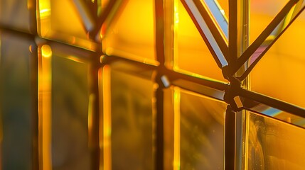 Close-up of beveled glass, golden sunset light, angled edges creating prismatic reflections. 