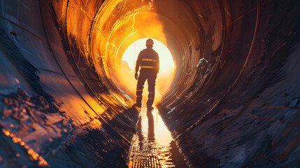 A worker works grinder inside a pipe on a pipeline construction
