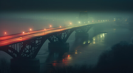 Poster - Illuminated Bridge in Foggy Nightscape