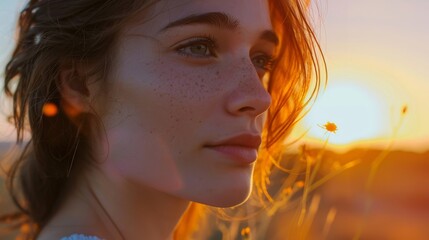 Wall Mural - A woman with brown hair and blue eyes is looking at the camera