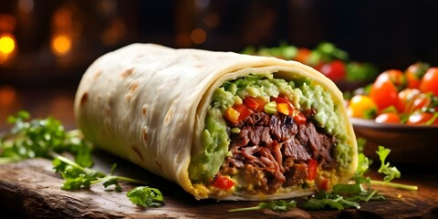 Wall Mural - Delicious Beef Burrito with Grilled Meat, Fresh Veggies, Guacamole, and Cheese. Concept Mexican Cuisine, Beef Burrito, Grilled Meat, Fresh Veggies, Guacamole, Cheese