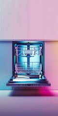 Poster - realistic empty open dishwasher on a light colors gradient background