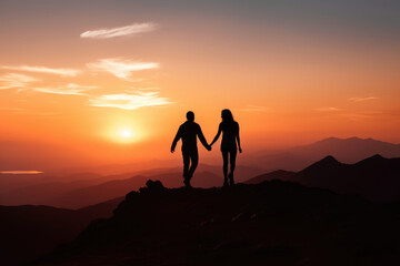 Canvas Print - Romantic Couple Enjoying Sunset Atop Mountain