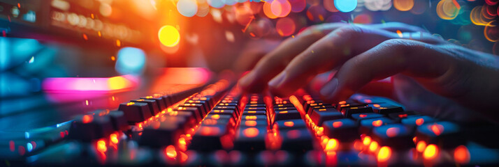Blurry fingers typing on a backlit keyboard