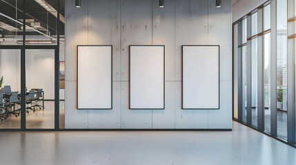 Poster - Modern office interior with three large vertical frames on a wall, glass walls, and panoramic windows