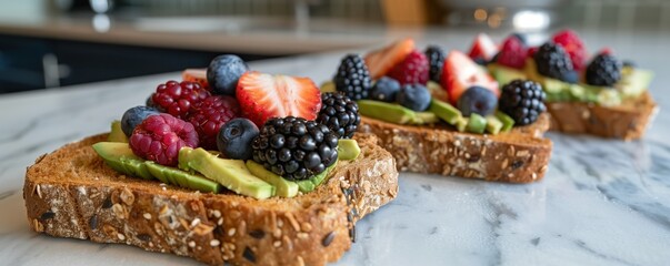 Healthy multigrain toast topped with fresh berries and avocado slices on a marble countertop in a modern kitchen setting.
