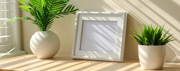 Bright photo frame mock-up on a sunlit desk with green plants, creating a fresh, vibrant workspace