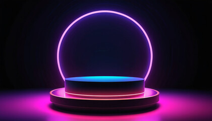 A glowing neon light podium with a digital LED game platform, set in a futuristic hologram background with a round stand, perfect for realistic laser presentations, Generative AI