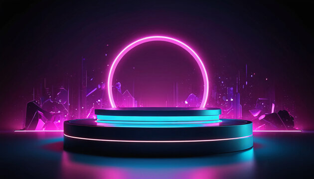 Futuristic neon light podium featuring a glowing game platform with digital LED effects, surrounded by an abstract hologram background and a round stand, Generative AI