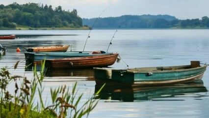Wall Mural - Lake Background with Fishing Boats.