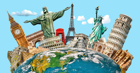 Wall Mural - collage of famous world landmarks and monuments around the planet earth. popular travel destinations