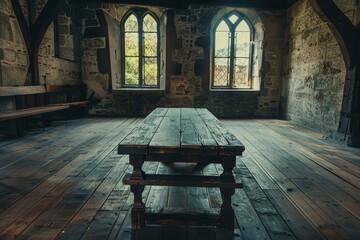 Rustic wooden table stands in the historical ambiance of an old castle room with stone walls and arched windows