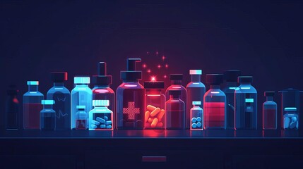 Assortment of medicine bottles and pills in a futuristic, glowing setting.