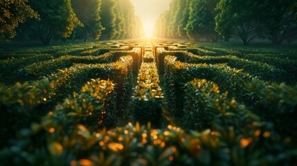 A sunlit pathway winds through a lush green maze