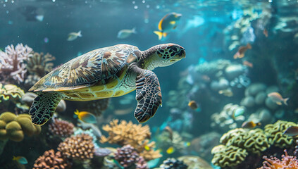 Wall Mural - turtle with group of colorful fish and sea animals with colorful coral underwater in ocean	
